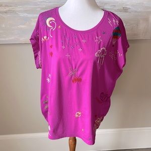 Johnny Was boho chic magenta heavily embroidered top